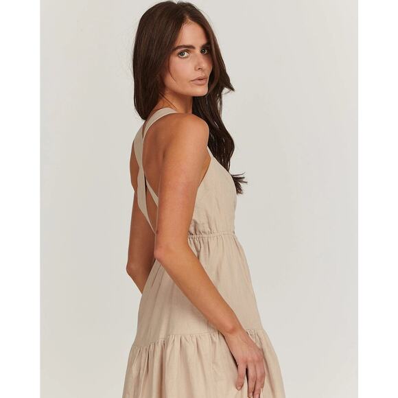 Charlie Holiday Lilian Oat Beige Tiered Cut Out Linen Midi Dress Size XL - Picture 6 of 15